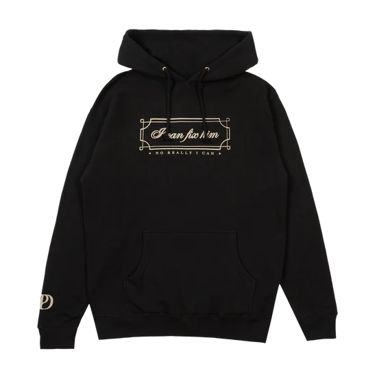 Black hoodie with text design on a white background