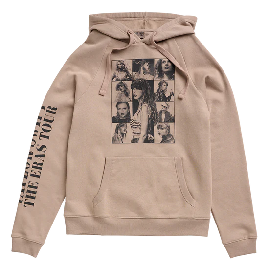 A beige pullover hoodie featuring a large black-and-white collage graphic on the chest and vertical black text reading 'THE FIRST TOUR' down the left sleeve, shown flat against a white background.