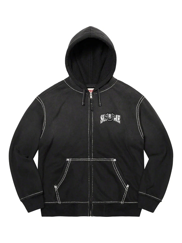 A black zip-up hoodie with white contrast stitching and a white 'MURDER' graphic on the left chest, displayed against a solid white background.