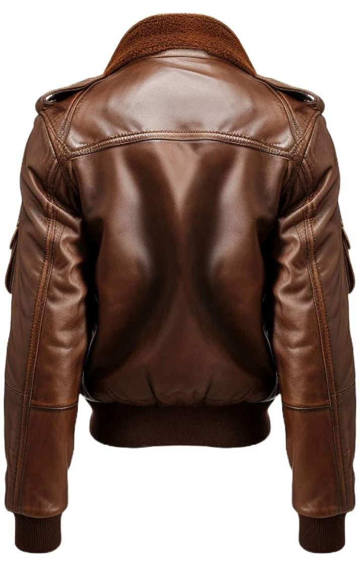 A brown leather aviator-style jacket with a shearling-style collar, shown from the back on a white background.