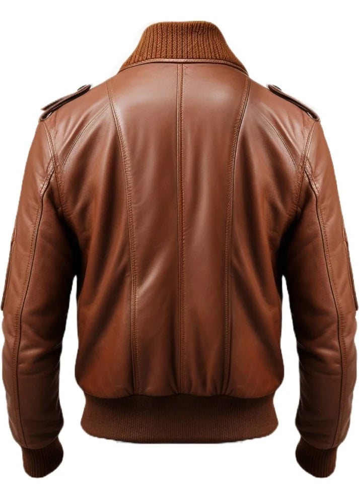 A brown leather bomber jacket shown from the back, featuring a ribbed knit collar, ribbed cuffs, and ribbed hem, photographed against a plain white background.