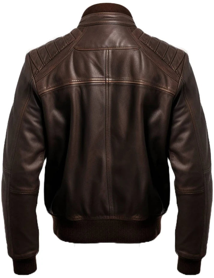 A dark brown leather jacket shown from the back, featuring quilted shoulder panels, a ribbed collar, cuffs, and hem, on a plain white background.