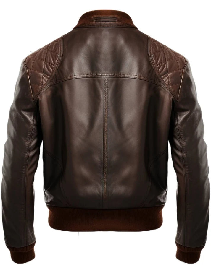 A dark brown leather jacket shown from the back, featuring quilted shoulder panels, a stitched center seam, and ribbed knit collar, cuffs, and hem.