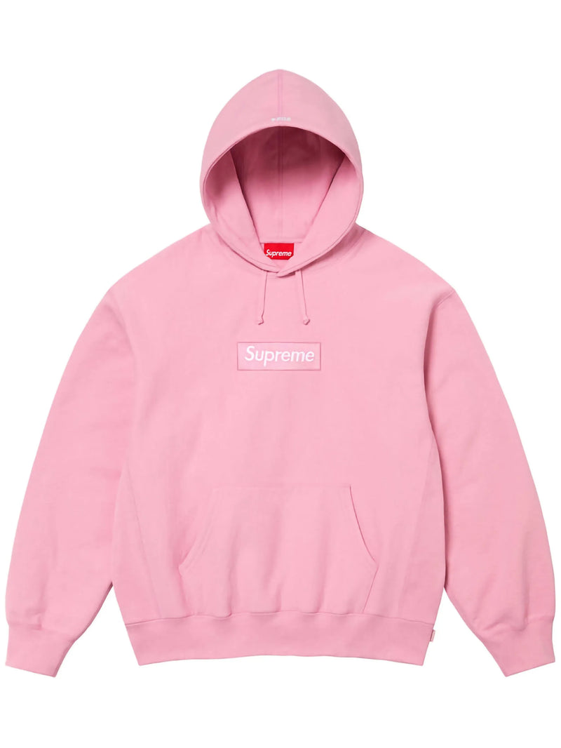 A pink Supreme box logo hoodie with a drawstring hood and kangaroo pocket, displayed flat against a white background.