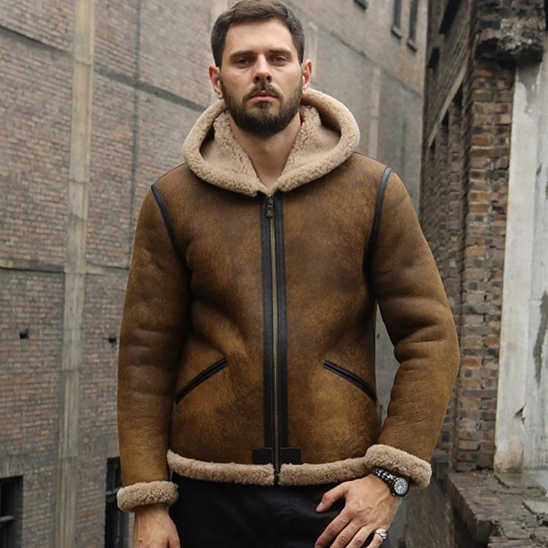 Mens Brown Shearling Aviator Leather Bomber Jacket With Fur