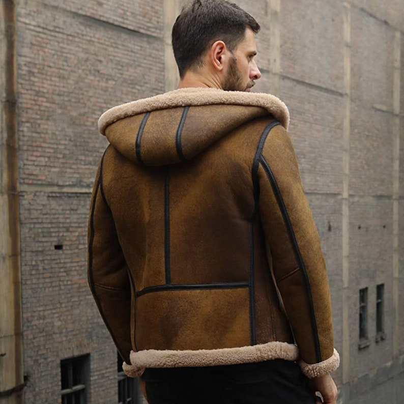 Mens Brown Shearling Aviator Leather Bomber Jacket With Fur
