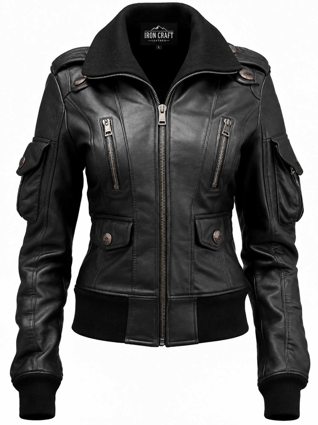 Women’s Black Leather Bomber Jacket – Classic Zip-Up Outerwear