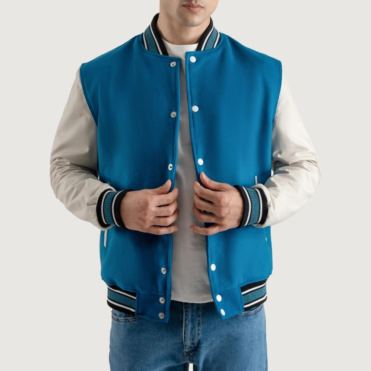 Deep Mid Sky Blue and White Varsity Letterman Jacket