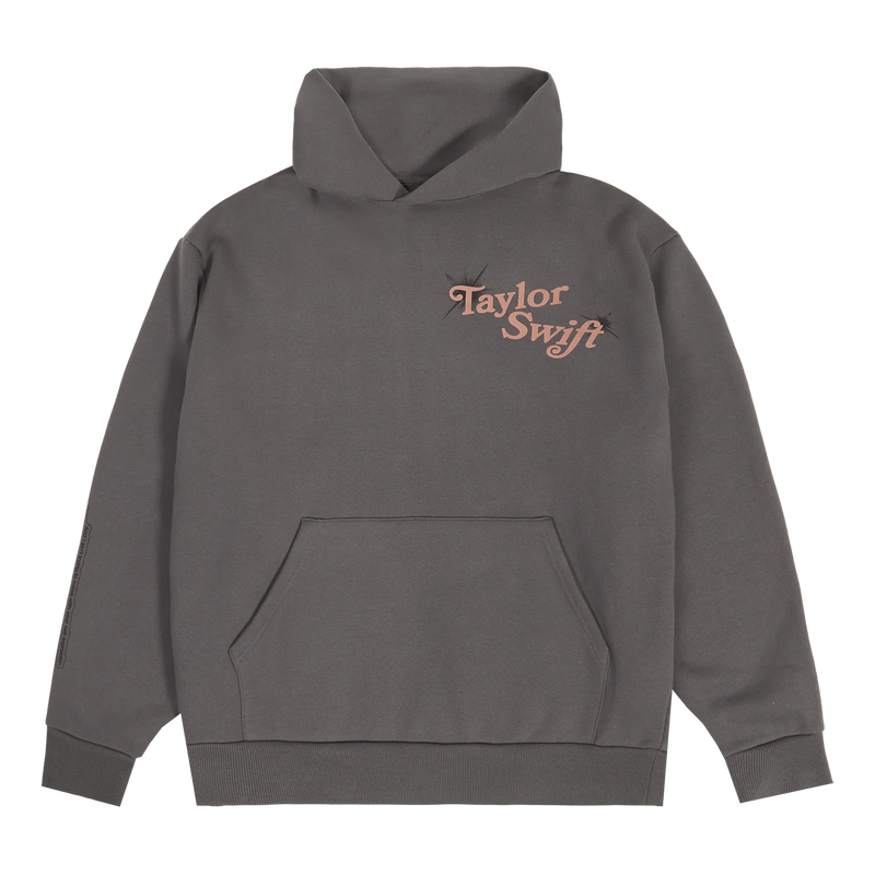 Gray hoodie with 'Taylor Swift' logo on a white background