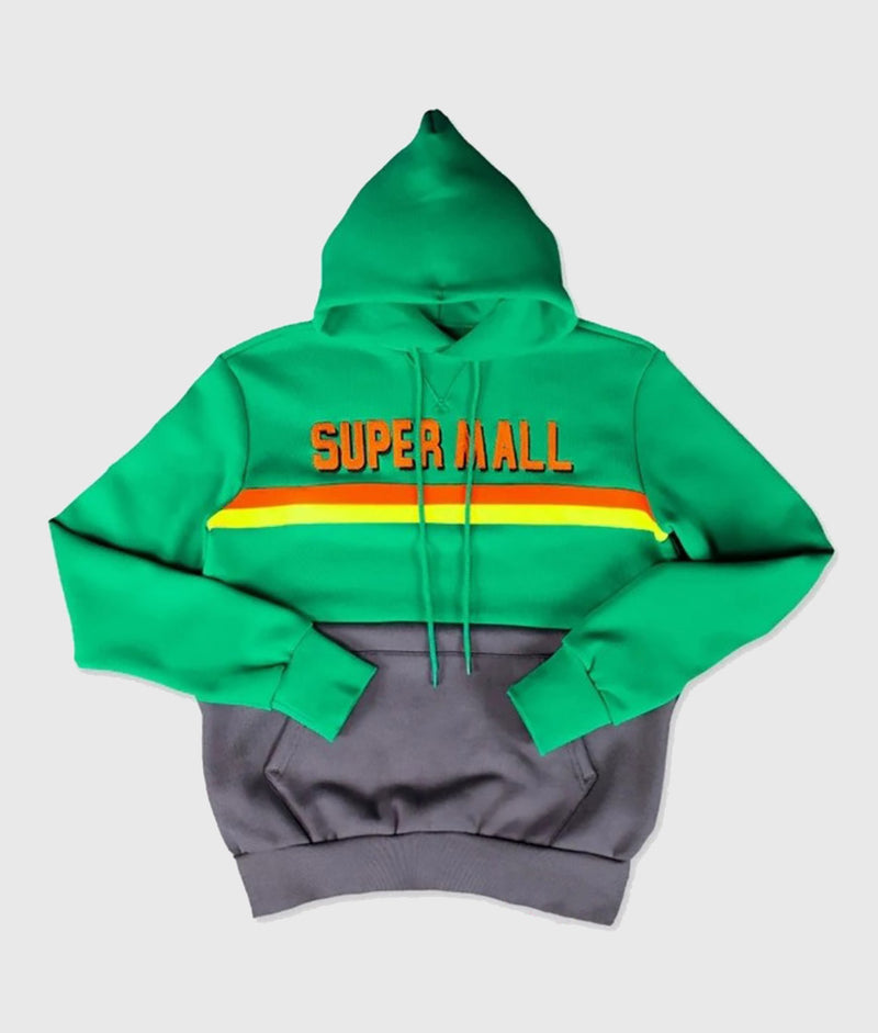 Green and gray hoodie with 'Super Mall' text on a light gray background