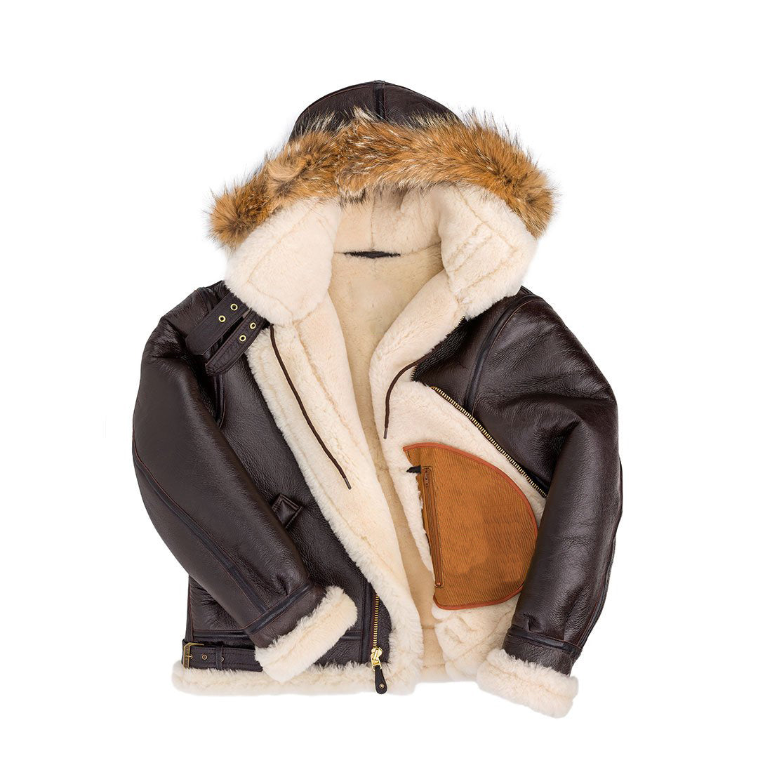 Mens Shearling B3 Fur Hoodie Style Bomber Coat