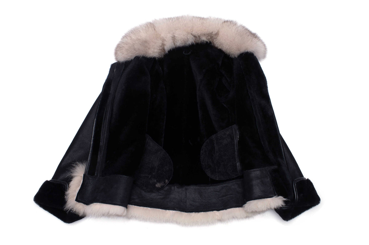 Cecilys Black Shearling Sheepskin Jacket with Fox fur trim