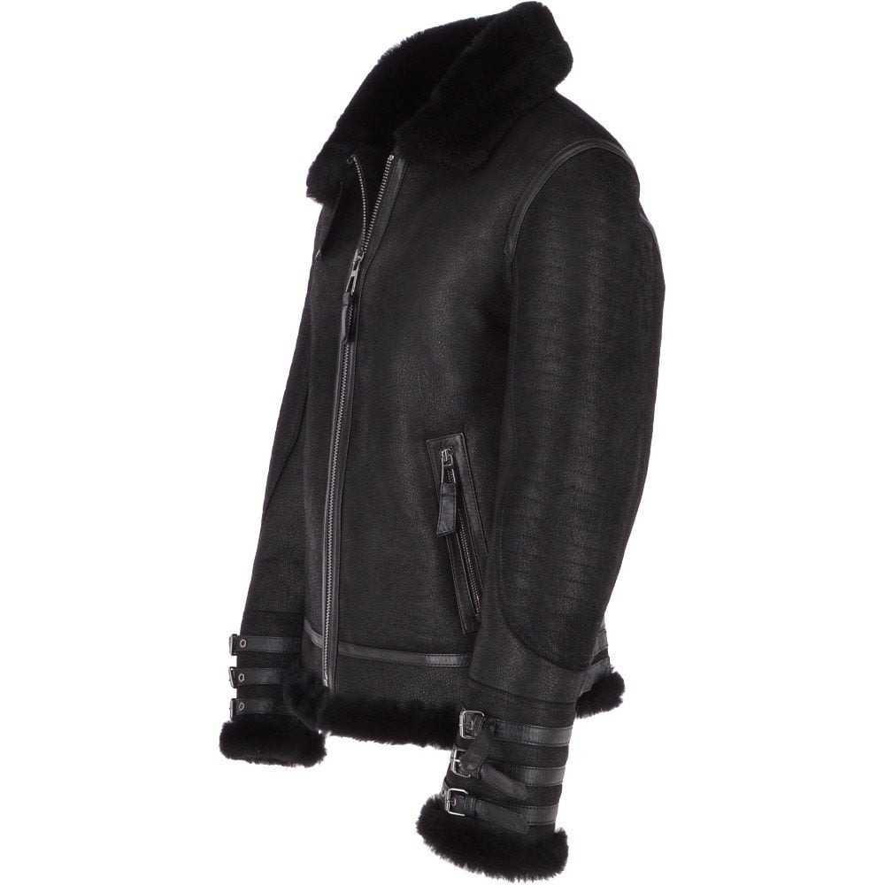 Men Black Aviator Flying Bomber Shearling Leather Jacket