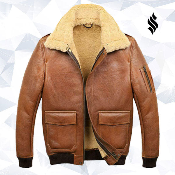 Men’s Aviator Camel Brown A2 Fur Shearling Leather Bomber Jacket