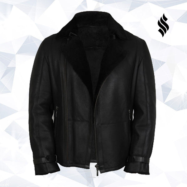 Mens Luxury Double Aviator Black Real Shearling Sheepskin Leather Flying Jacket