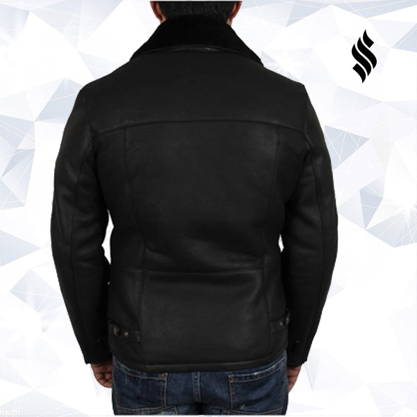 Mens Luxury Double Aviator Black Real Shearling Sheepskin Leather Flying Jacket