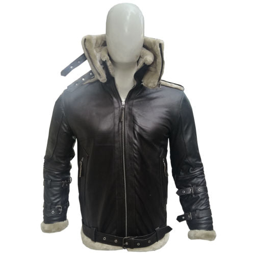 Mens Aviator B3 Bomber Double Collar Faux Shearling Brown Leather Jacket