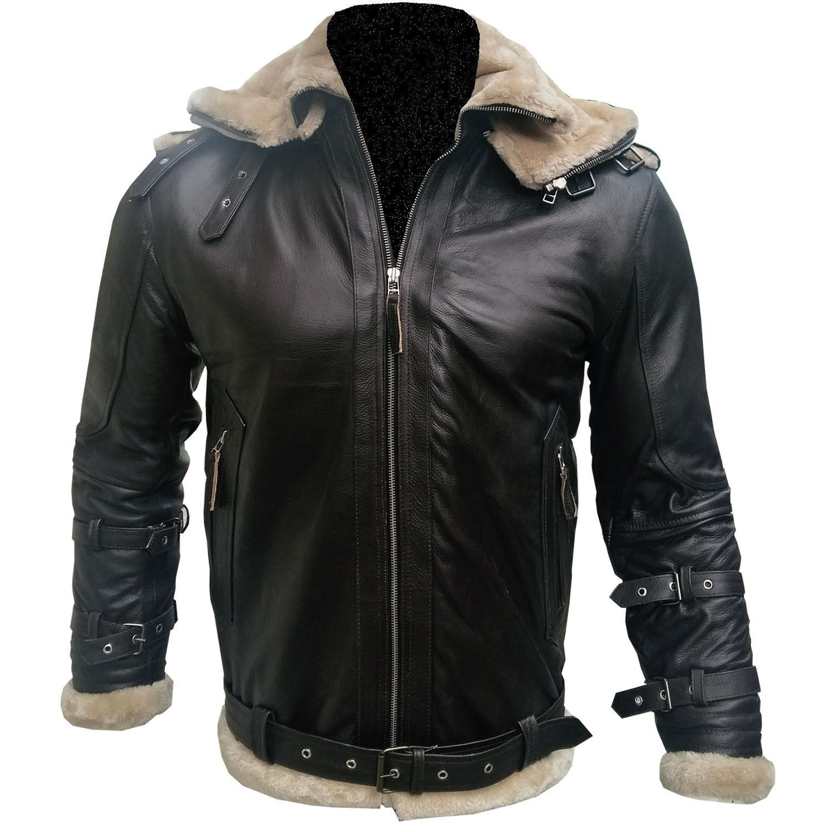 Mens Aviator B3 Bomber Double Collar Faux Shearling Brown Leather Jacket