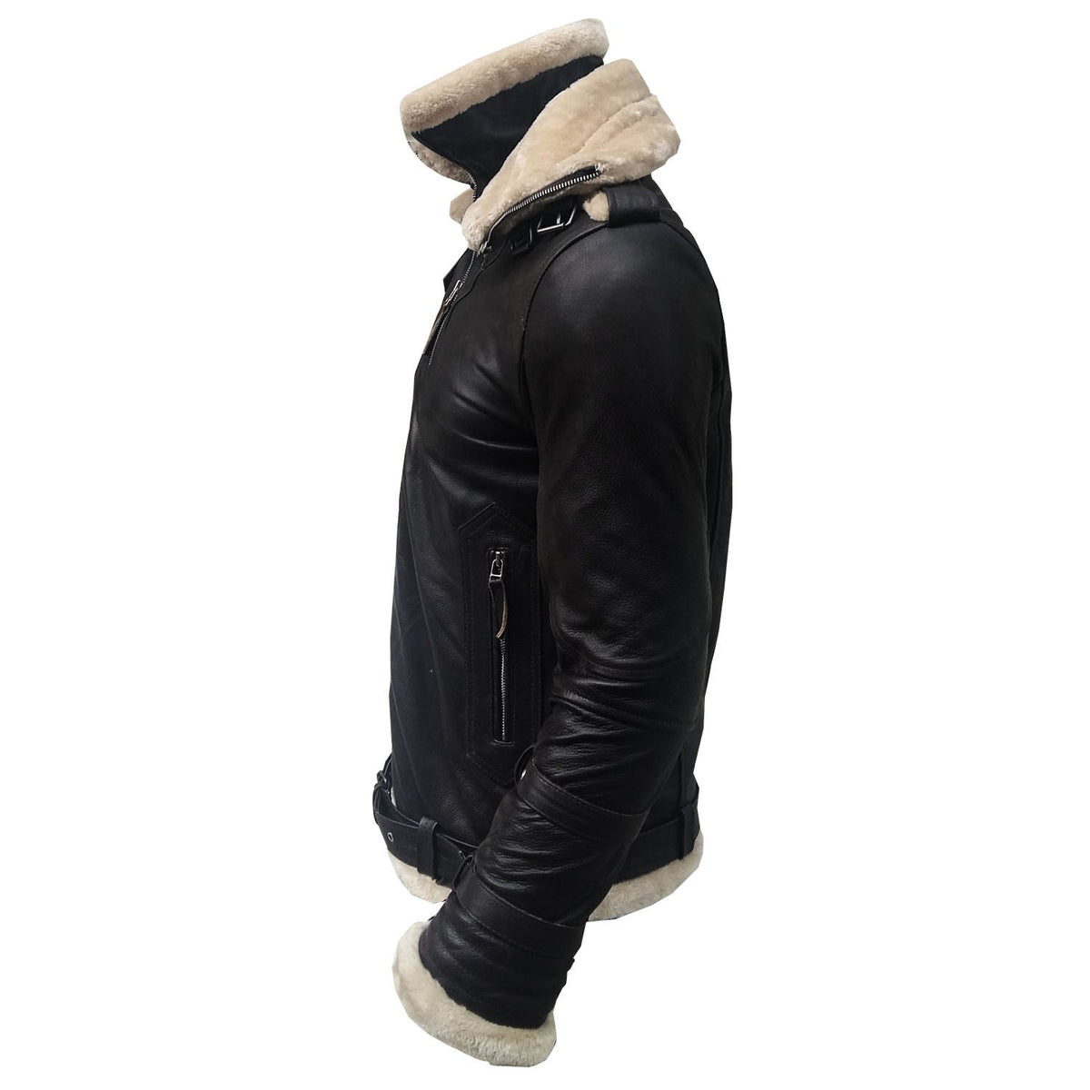 Mens Aviator B3 Bomber Double Collar Faux Shearling Brown Leather Jacket