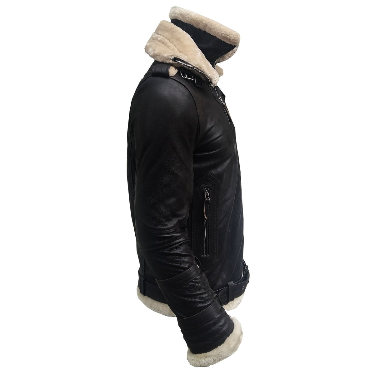 Mens Aviator B3 Bomber Double Collar Faux Shearling Brown Leather Jacket
