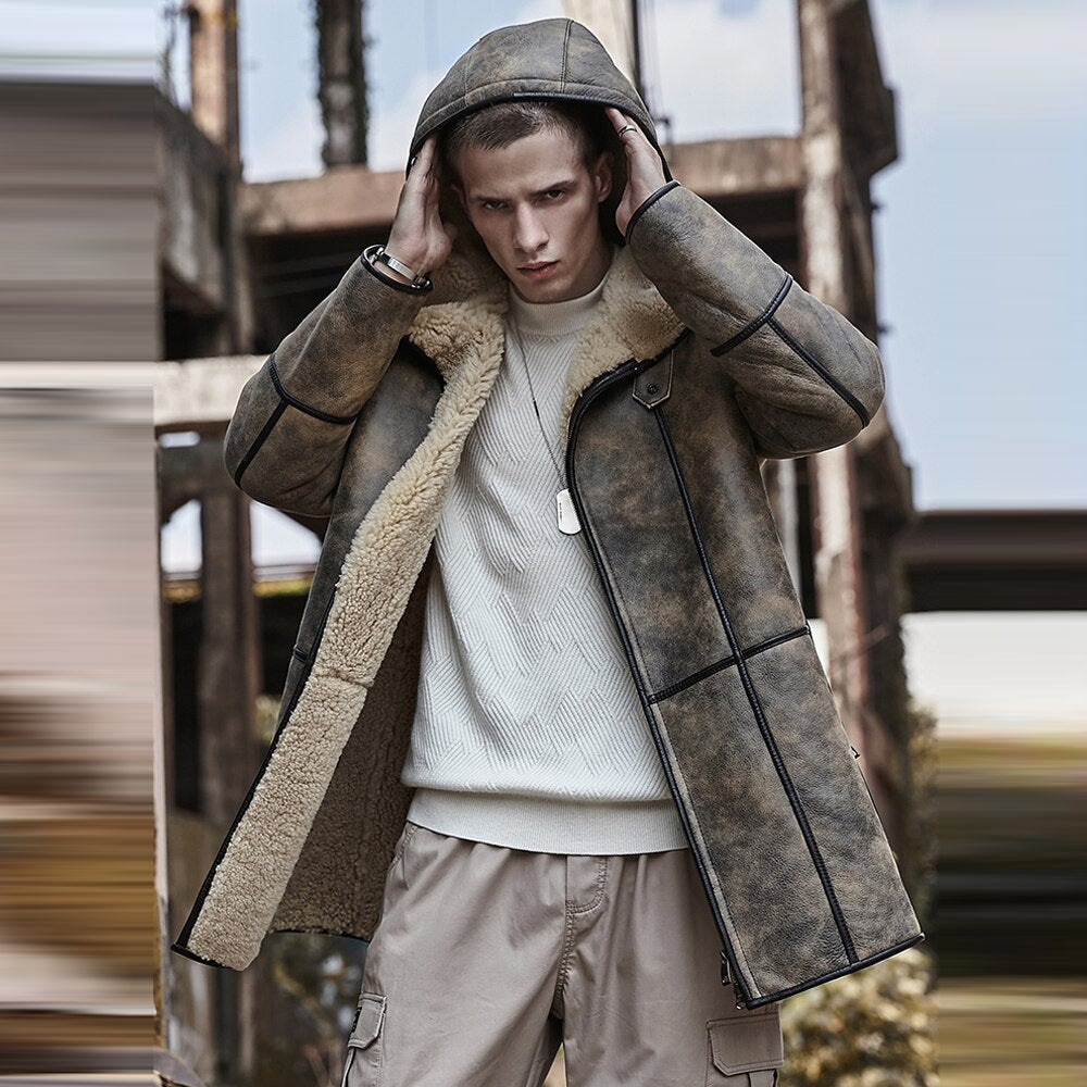 Mens B7 Hooded RAF Aviator Sheepskin Flying Fur Shearling Jacket Coat