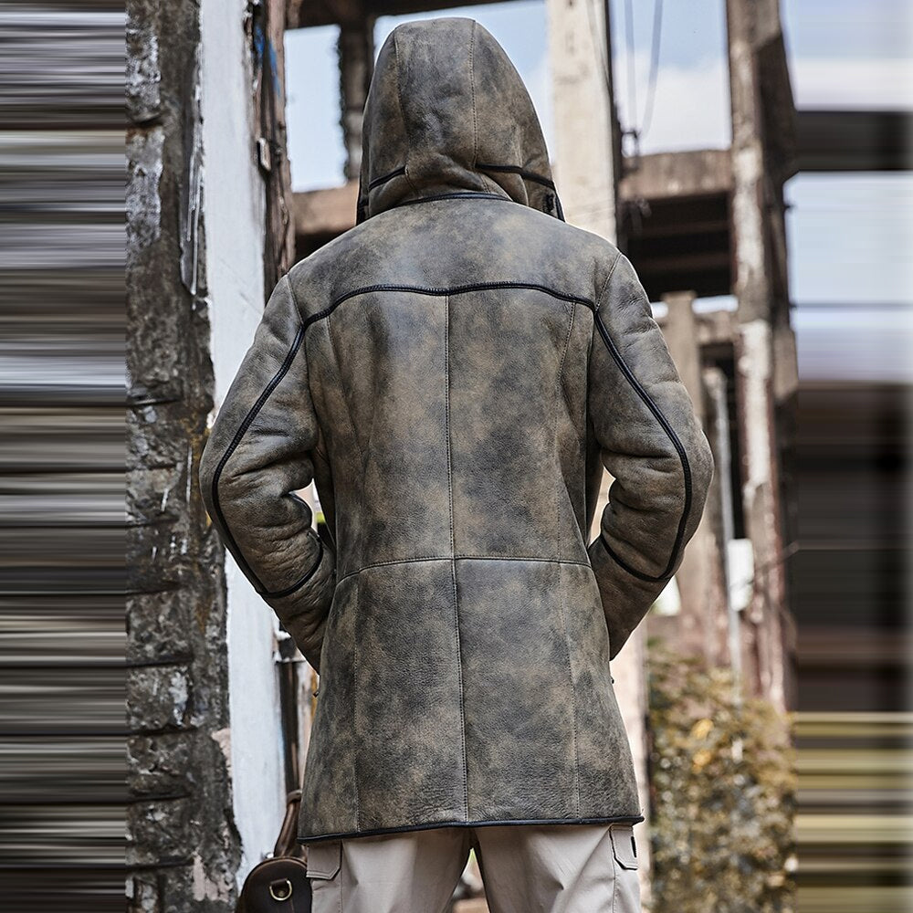 Mens B7 Hooded RAF Aviator Sheepskin Flying Fur Shearling Jacket Coat