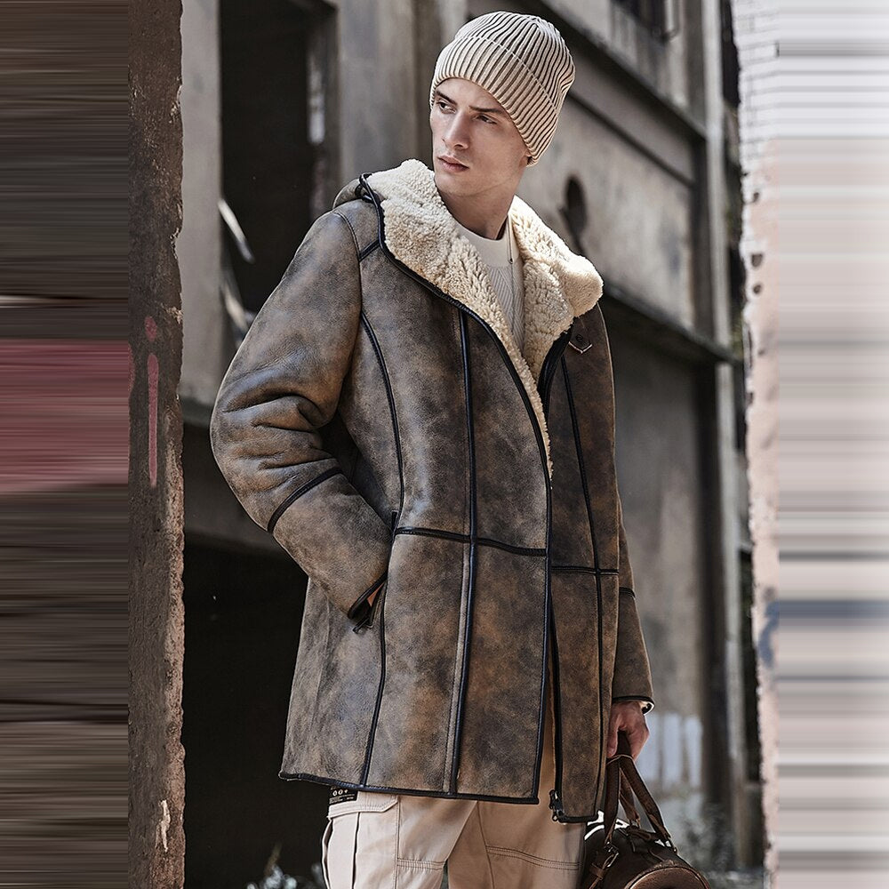Mens B7 Hooded RAF Aviator Sheepskin Flying Fur Shearling Jacket Coat