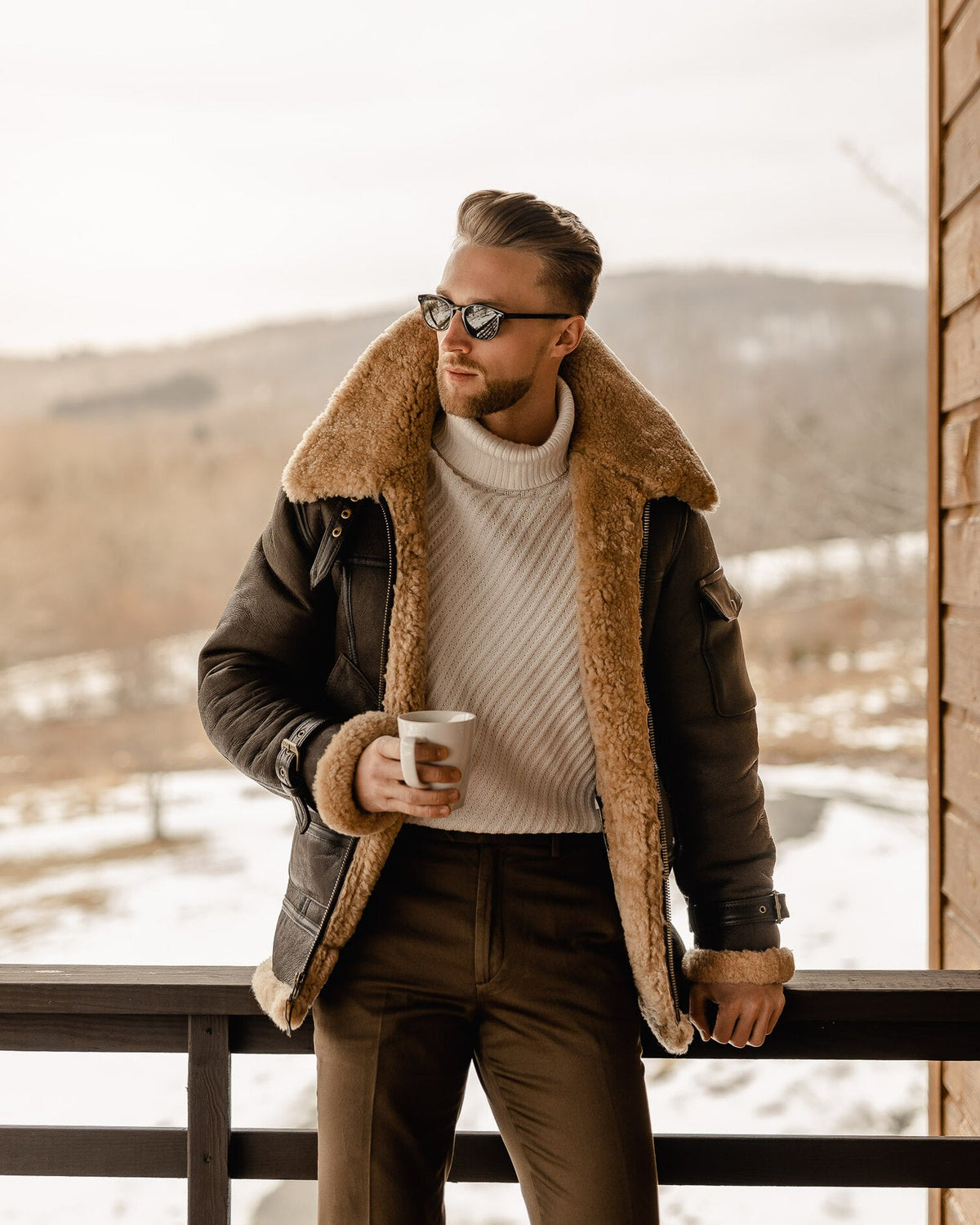 Mens Brown B3 Flying Aviator Shearling Leather Long Jacket Coat