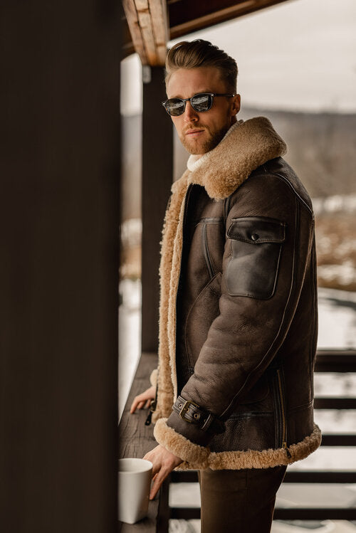 Mens Brown B3 Flying Aviator Shearling Leather Long Jacket Coat