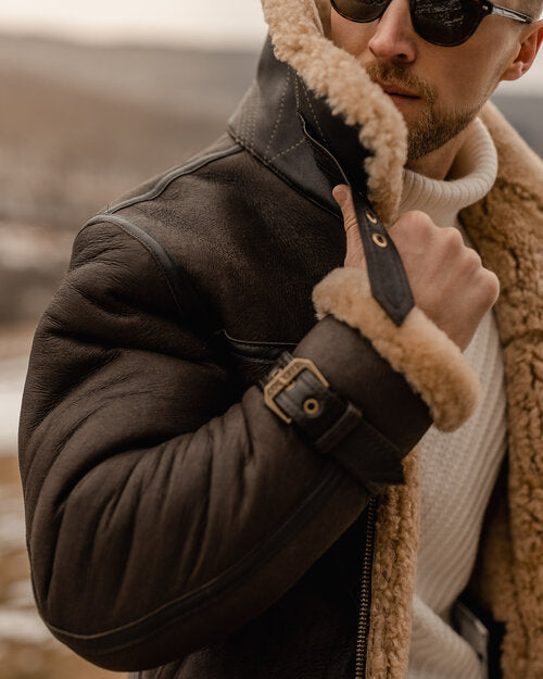 Mens Brown B3 Flying Aviator Shearling Leather Long Jacket Coat