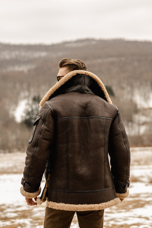 Mens Brown B3 Flying Aviator Shearling Leather Long Jacket Coat