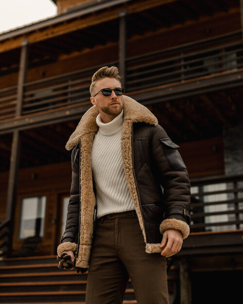 Mens Brown B3 Flying Aviator Shearling Leather Long Jacket Coat