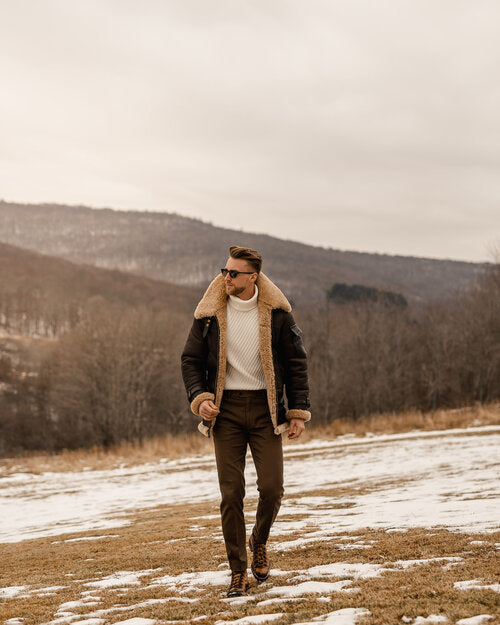 Mens Brown B3 Flying Aviator Shearling Leather Long Jacket Coat