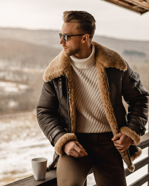 Mens Brown B3 Flying Aviator Shearling Leather Long Jacket Coat