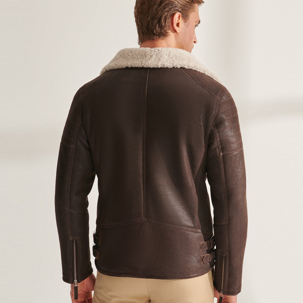 Mens Brown B3 Pilot Sheepskin Shearling Biker Aviator Jacket