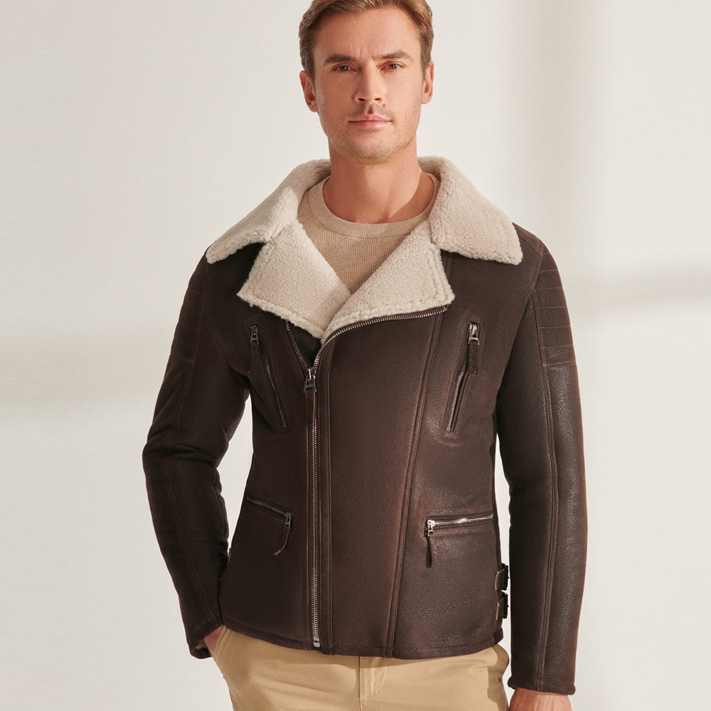 Mens Brown B3 Pilot Sheepskin Shearling Biker Aviator Jacket