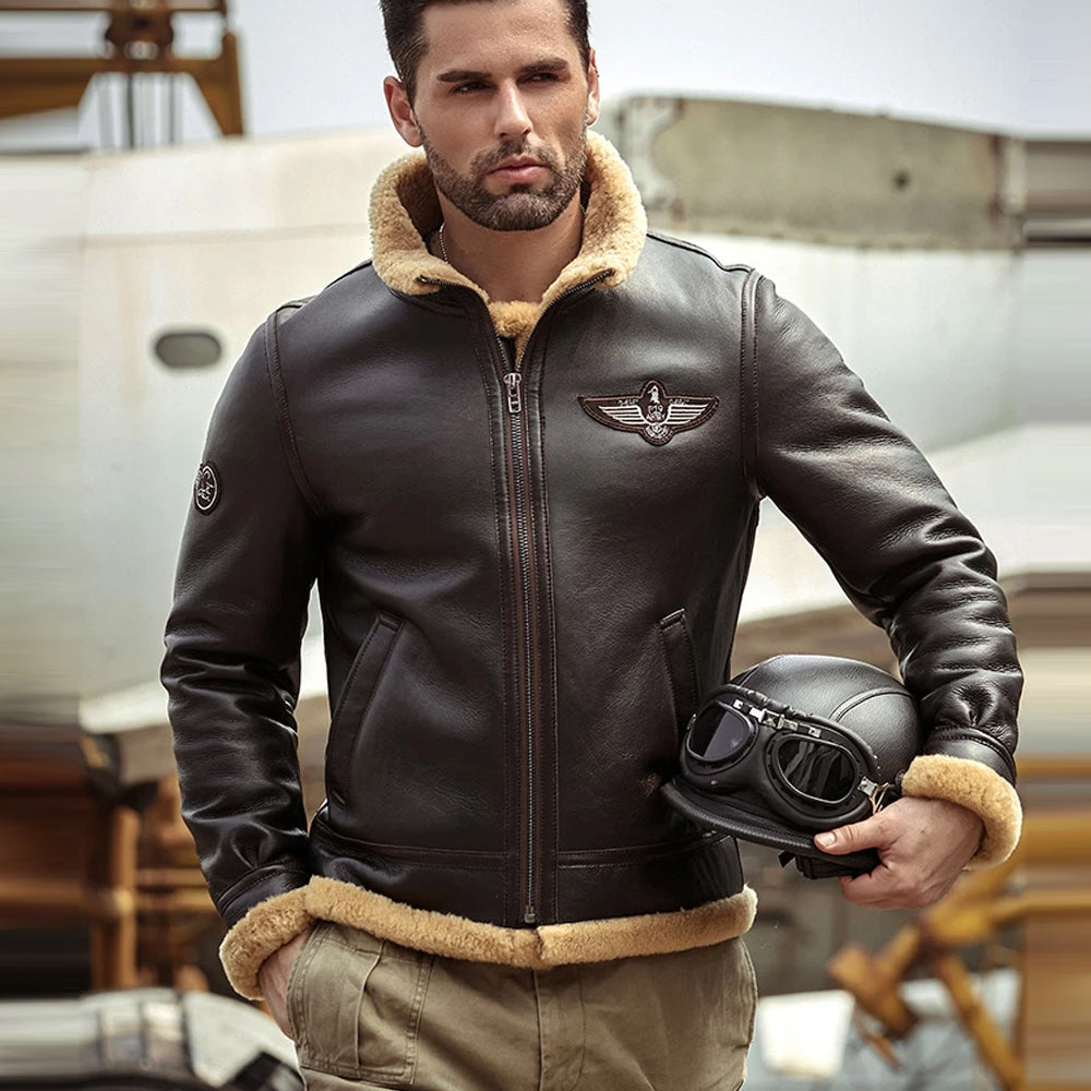 Mens Brown RAF Aviator Airforce Sheepskin Shearling Leather Jacket