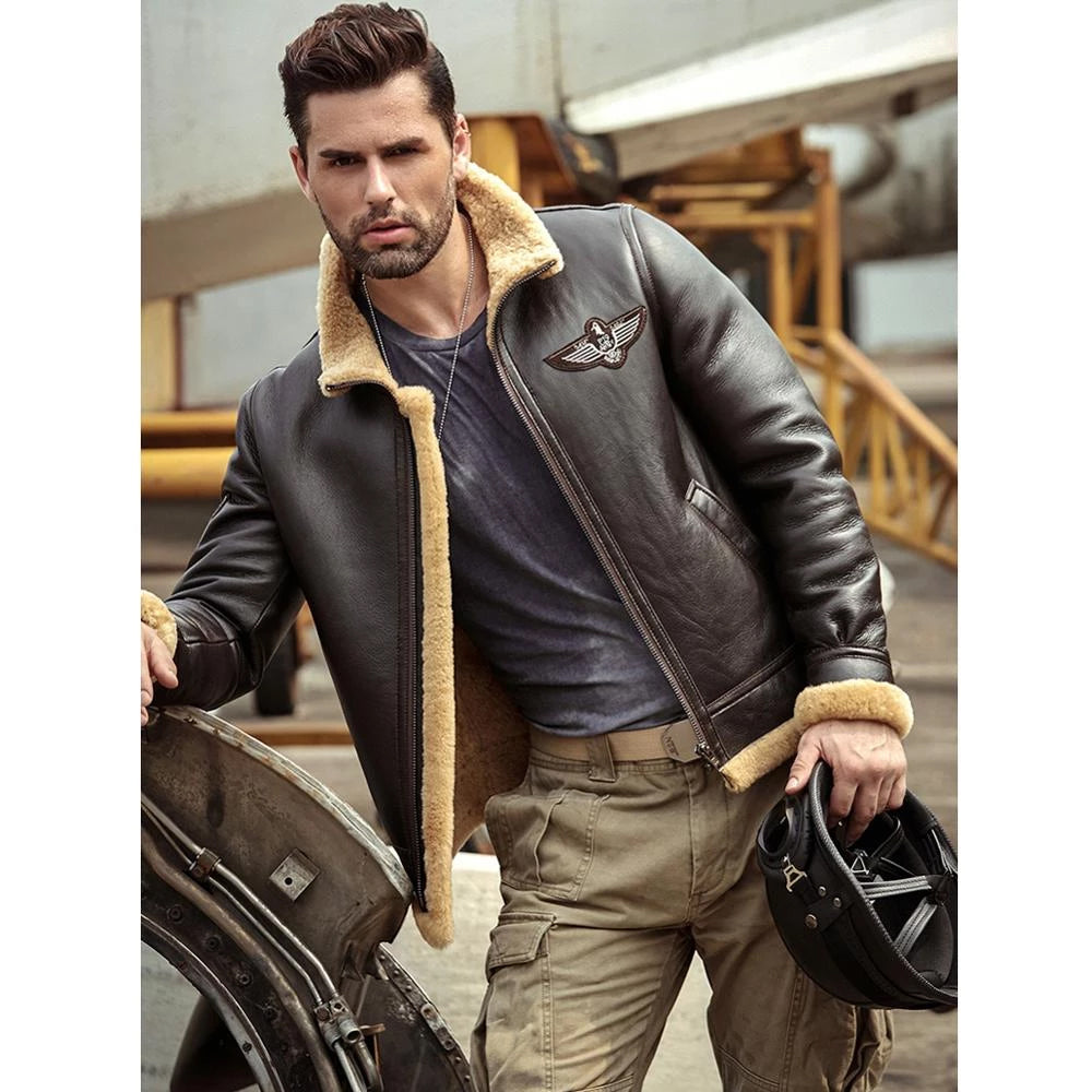 Mens Brown RAF Aviator Airforce Sheepskin Shearling Leather Jacket