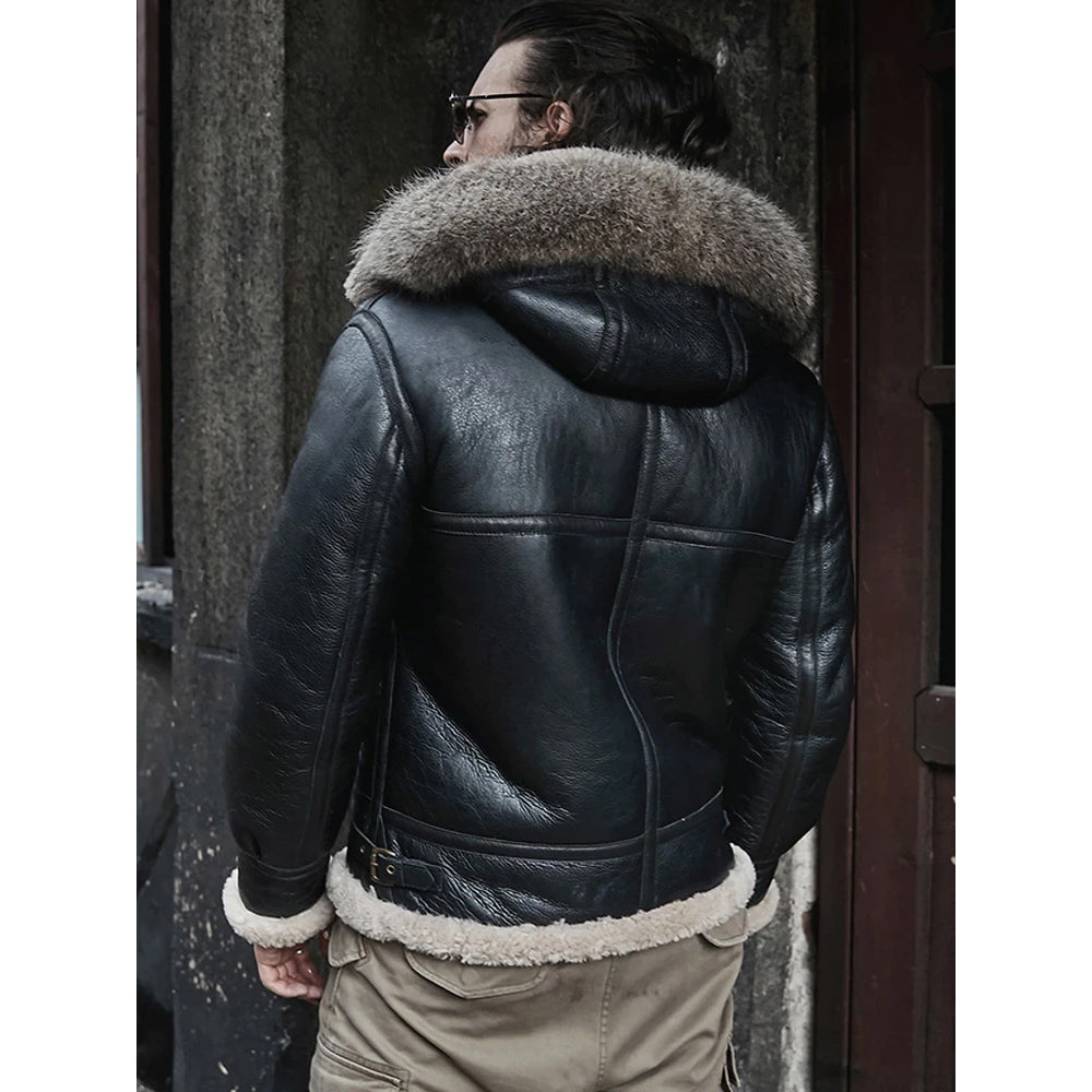 Mens Hooded RAF Aviator B3 Sheepskin Black Shearling Jacket