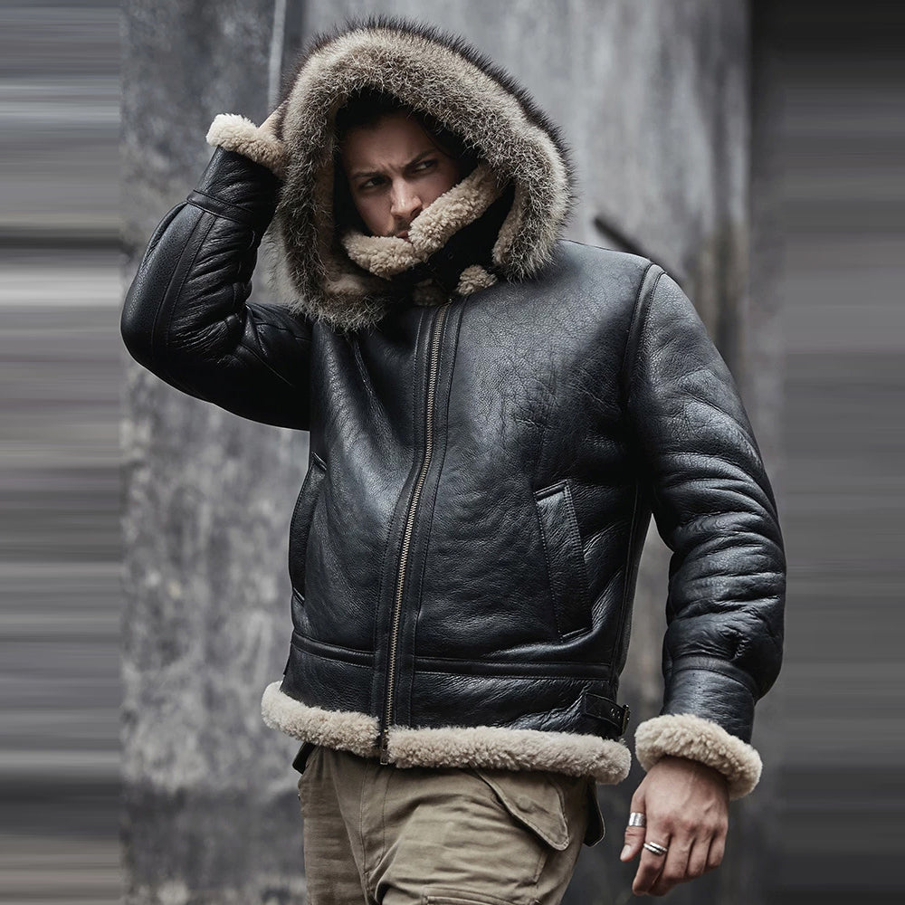 Mens Hooded RAF Aviator B3 Sheepskin Black Shearling Jacket