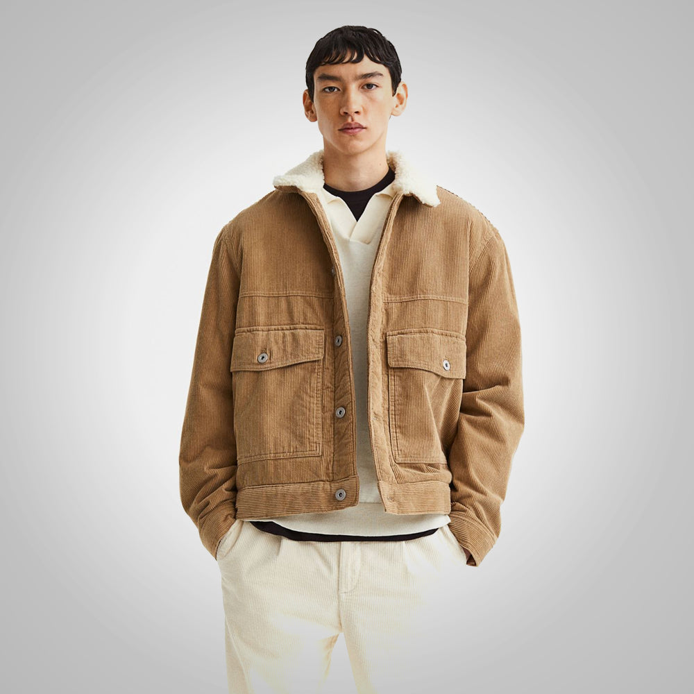 Mens Khaki Corduroy Shearling Jacket