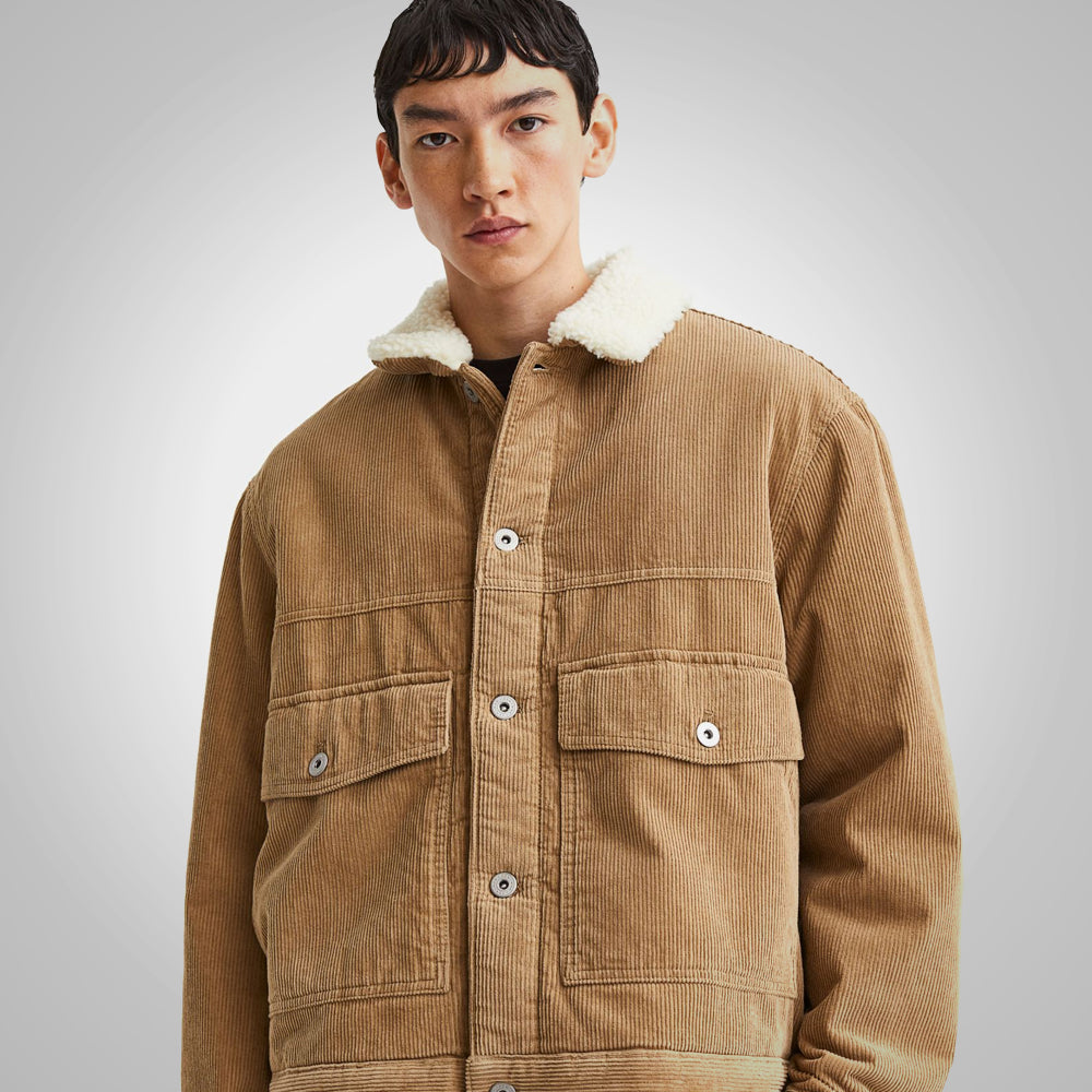 Mens Khaki Corduroy Shearling Jacket