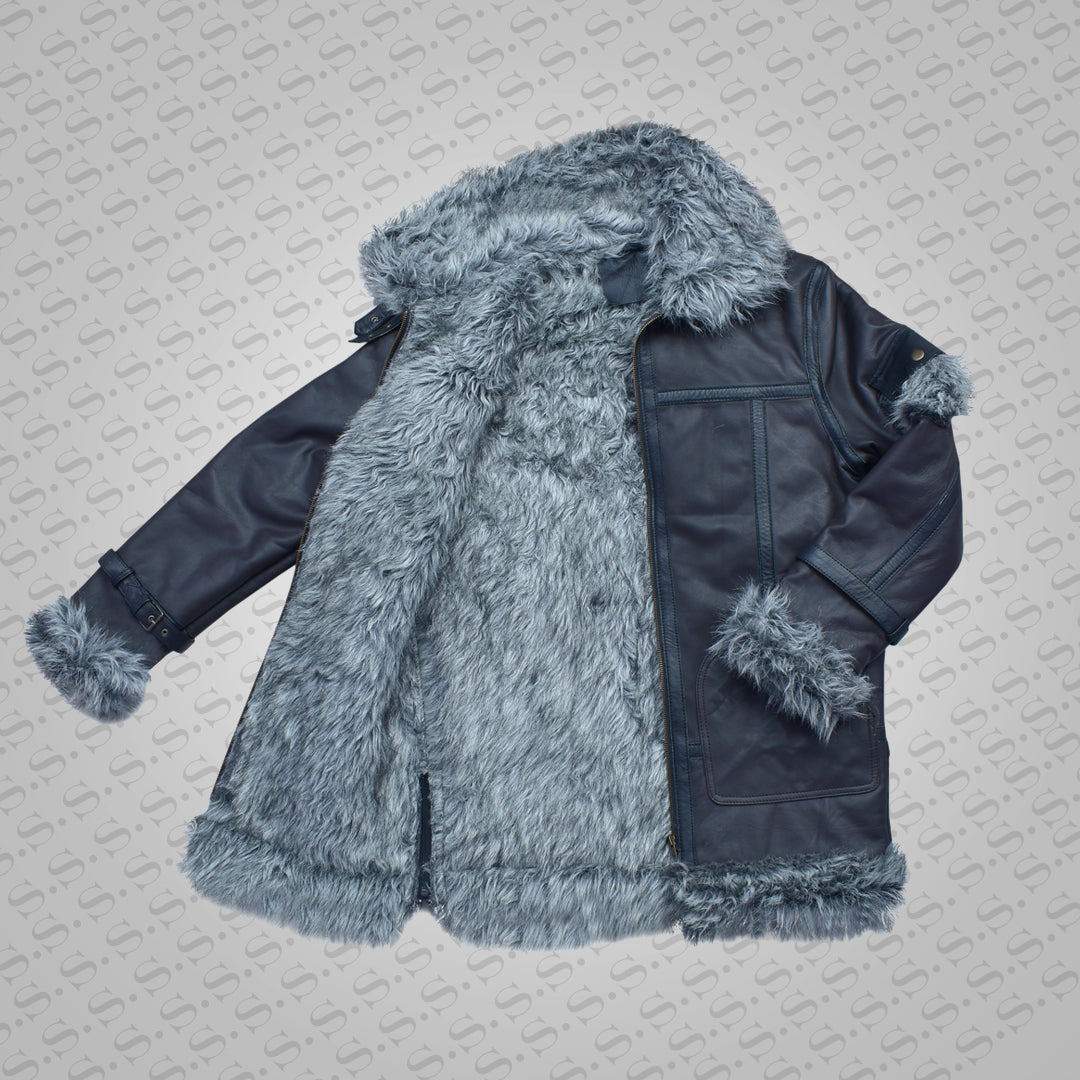 Mens Black Shearling Jacket Coat in Flight Aviation Style - Cold Inferno