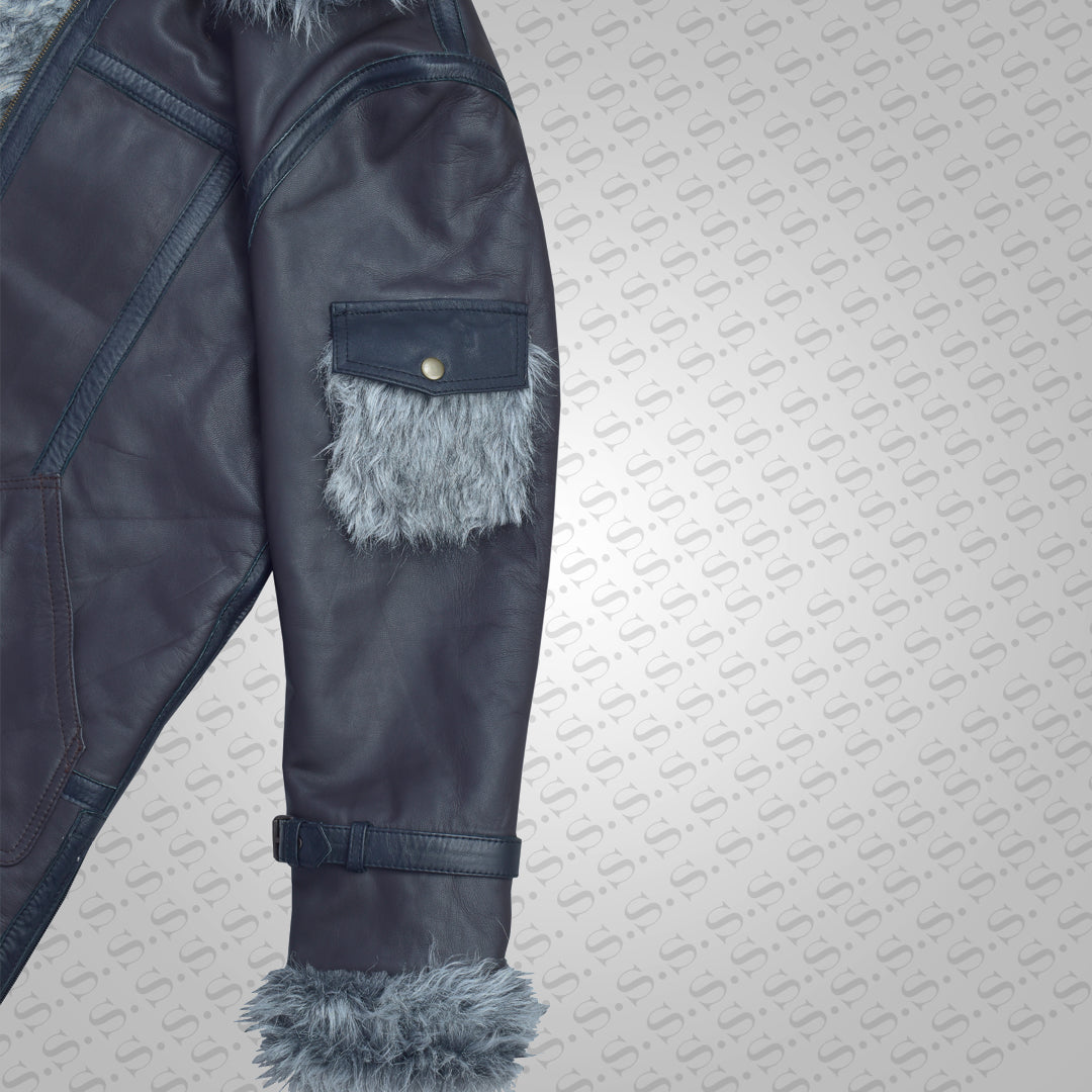 Mens Black Shearling Jacket Coat in Flight Aviation Style - Cold Inferno