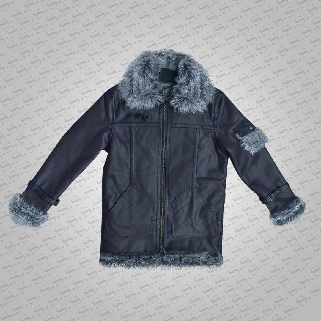 Mens Black Shearling Jacket Coat in Flight Aviation Style - Cold Inferno