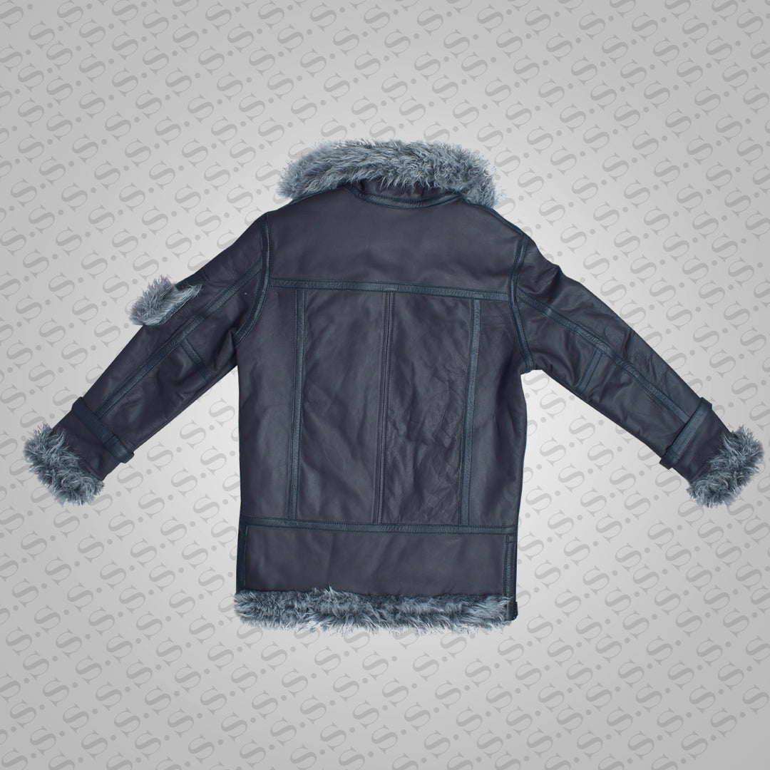 Mens Black Shearling Jacket Coat in Flight Aviation Style - Cold Inferno
