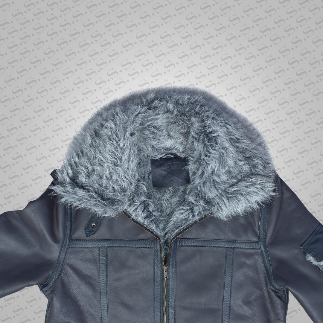 Mens Black Shearling Jacket Coat in Flight Aviation Style - Cold Inferno