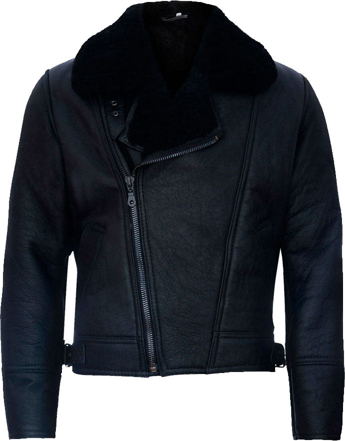 Mens Cross Zip Black Leather Jacket With Fur