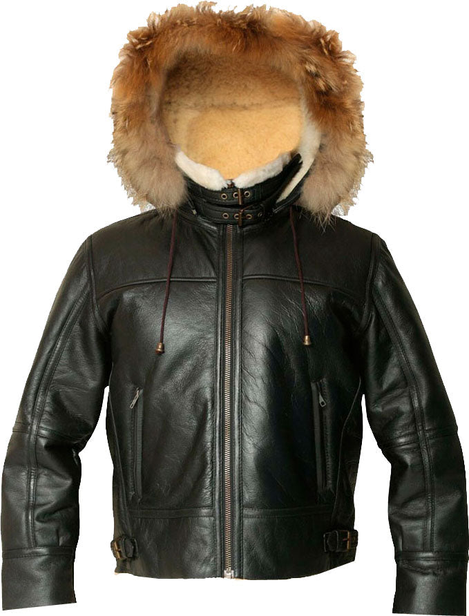 Mens Hooded Flight Bomber Leather Jacket With Fur