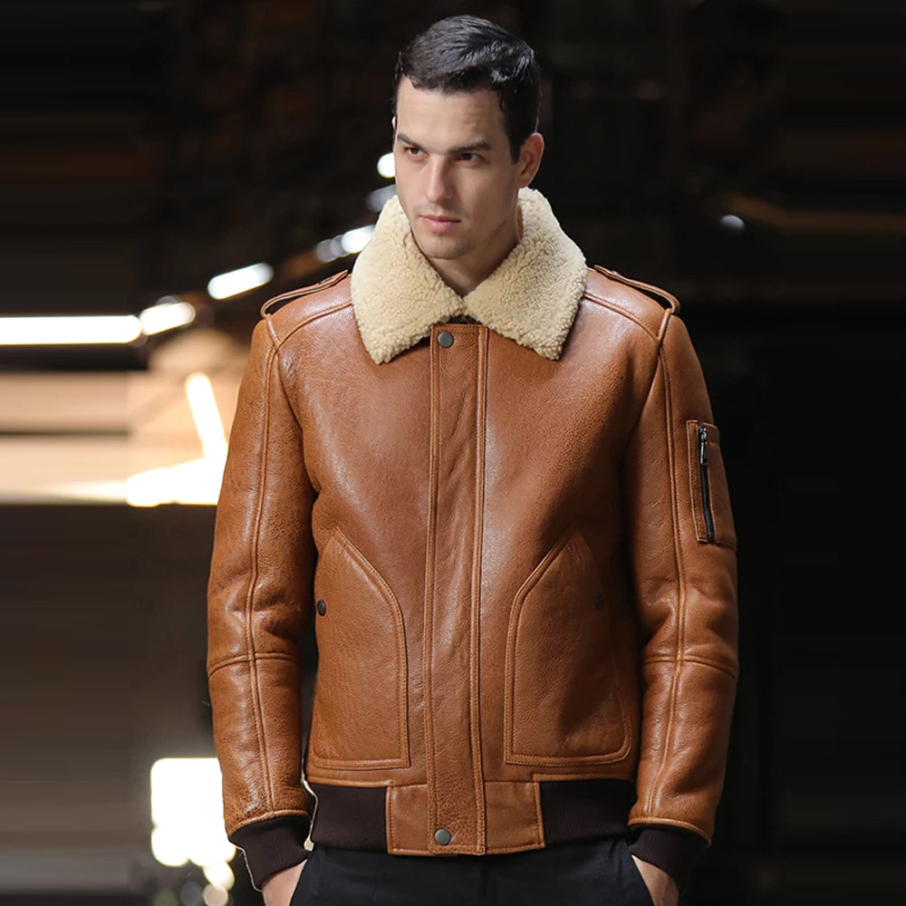 Mens Brown B3 Flight Airforce Sheepskin Bomber Jacket
